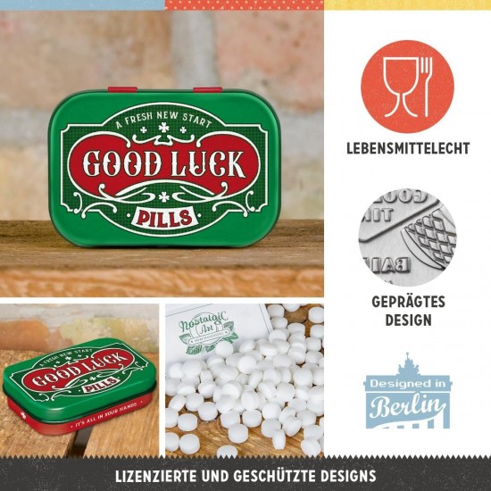 Cutie metalică de buzunar - Design retro Good Luck Pills - bomboane mentolate