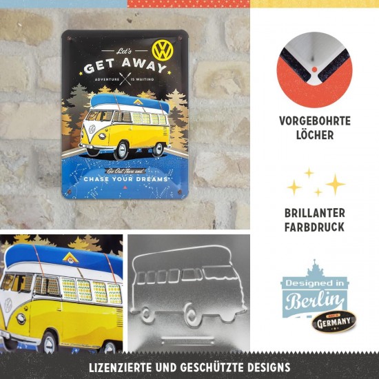 Placă metalică 15 x 20 - Vw Bulli - Le'S Get Away Night - Hai Sa O Intindem - Fundal de Noapte