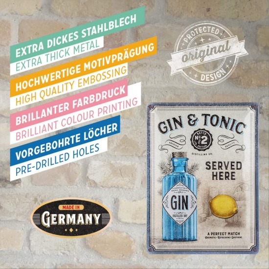 Placă metalică 30 x 40 - Gin n Tonic Served Here - Gin Tonic servit aici