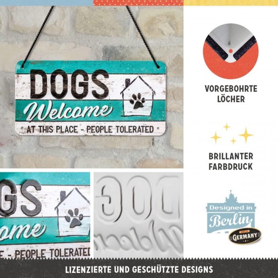 Placă metalică cu Șnur 10 x 20 - Dogs Welcome - Catei Sunt Bineveniti
