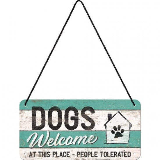 Placă metalică cu Șnur 10 x 20 - Dogs Welcome - Catei Sunt Bineveniti