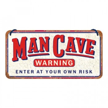 Placă Decor metalică cu Șnur 10 x 20 - Man Cave Warning - Avertisment - Pestera Barbatului