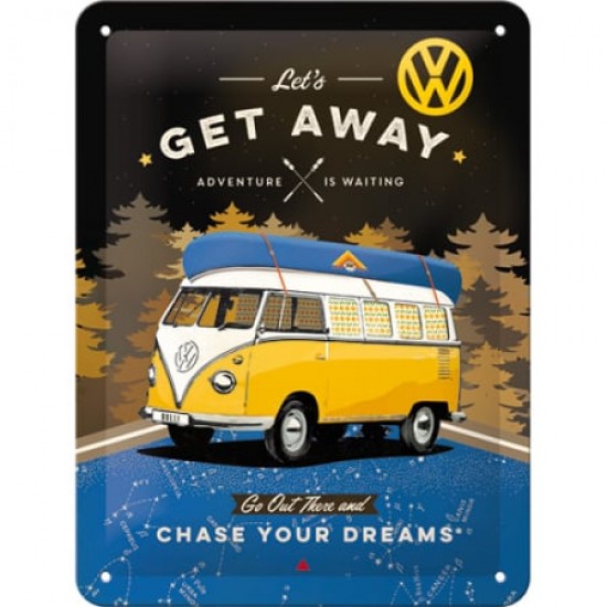Placă metalică 15 x 20 - Vw Bulli - Le'S Get Away Night - Hai Sa O Intindem - Fundal de Noapte
