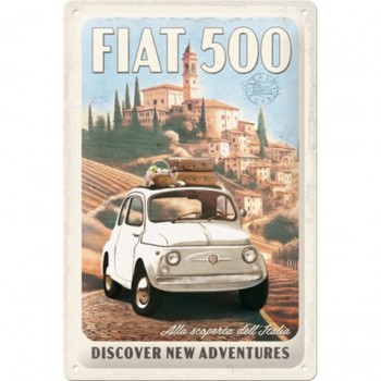 Placă metalică 20 x 30 - Fiat 500 Discover New Adventures - Descopera Aventuri Noi