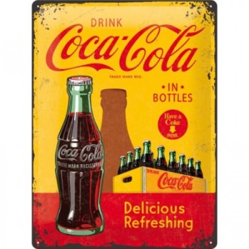 Placă metalică 30 x 40 - Coca-Cola - în Bottles Yellow - Imbuteliat în Sticla - Galben