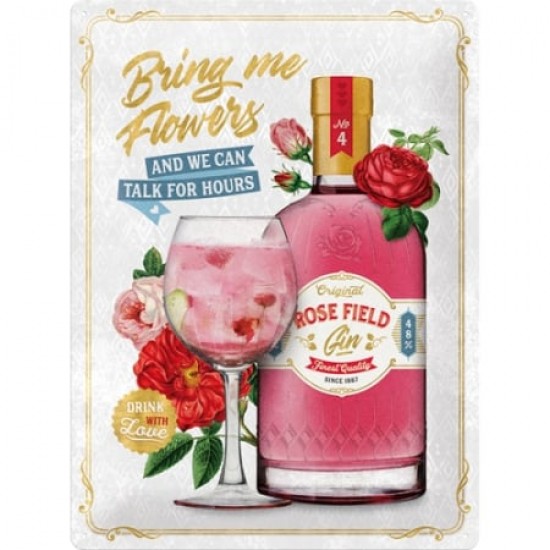 Placă metalică 30 x 40 - Pink Gin Flowers - Gin Roz cu Flori