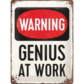 Placă metalică 30 x 40 - Warning Genius At Work - Avertisment: Geniu la Munca