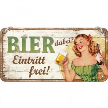 Placă metalică cu Șnur 10 x 20 - Bier Dabei Eintritt Frei - Bere Gratuita