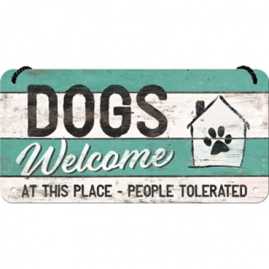 Placă metalică cu Șnur 10 x 20 - Dogs Welcome - Catei Sunt Bineveniti